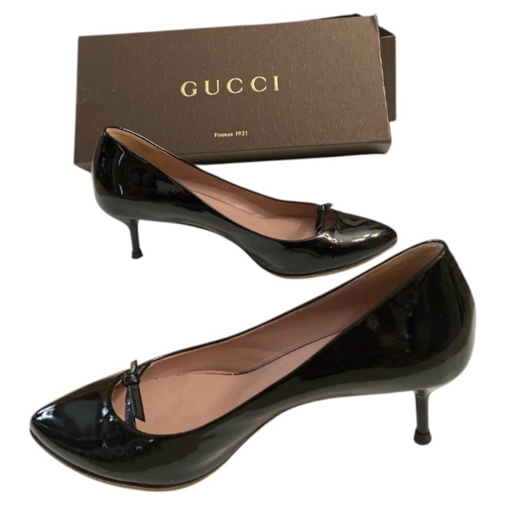 GUCCI Black Patent Leather Beverly Vernice Bow Pumps Kitten heels women’s size 6